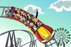 13784423 - a vector illustration of people riding roller coaster in an amusement park